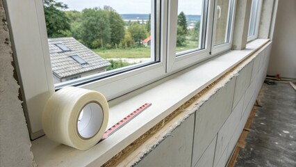 Poster - A modern window ledge lightly coated with protective tape contrasting starkly against sleek unfinished drywall symbolizing ongoing change.