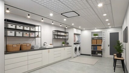 Aufkleber - A modern utility room featuring a practical ceiling track with efficient recessed lights providing optimal lighting over shelves and work areas to streamline daily tasks.
