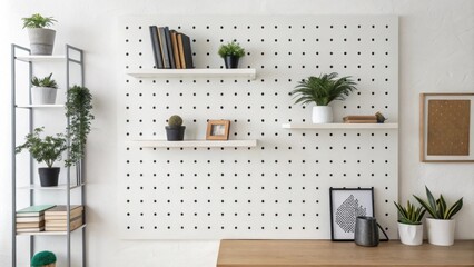 Poster - A modernspace wall presented with holes marked for floating shelves suggesting an organized layout for decorative and functional items.