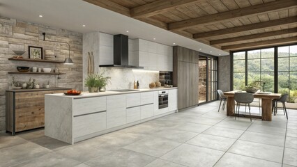 Aufkleber - A modern rustic kitchen featuring largeformat tiles in shades of gray and white. The freshly grouted lines add a contemporary contrast highlighting the clean lines of the design.