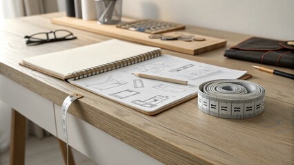 Poster - A minimalist workspace featuring a wooden desk with a partially roll of wallpaper measuring tape and a notebook filled with sketches of design ideas.