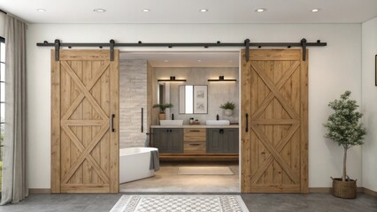 Aufkleber - A modern bathroom is enclosed by elegant barnstyle sliding doors on a rustic track system offering a unique blend of charm and functionality.
