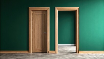 Poster - A minimalist wooden door frame in bright oak contrasting sharply with dark green walls enhancing the modern aesthetic of the space.