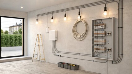 Aufkleber - A minimalist wall with visible light fixture wiring prepared for the installation process showcasing a fusion of aesthetic simplicity and functionality in sound.