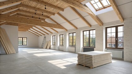 Aufkleber - A modern empty room with wooden rafters above highlighting a neat arrangement of drywall sheets slowly transforming the space into a vibrant new area.