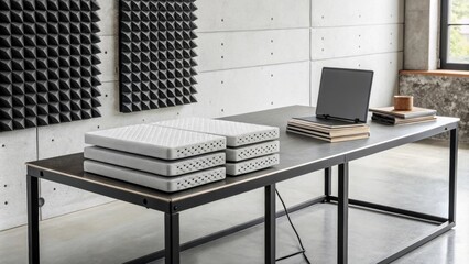 Poster - A minimalist workspace with stacks of sounddampening panels resting on a sleek industrialstyle table highlighting the juxtaposition of textures.