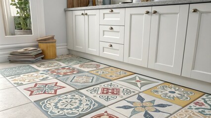 Poster - A mix of patterned tiles lie in disarray next to a stack of cabinets while the atmosphere reflects the anticipation of a completed culinary oasis.
