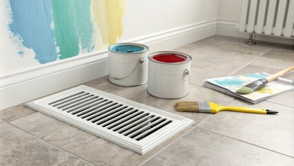 Poster - A minimalist vent cover p on a charming tiled floor surrounded by open paint cans and brushes with a splash of color dripping down from a freshly painted wall.
