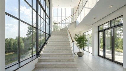 Aufkleber - A minimalist staircase with clean lines and a sleek sanded surface surrounded by large windows that allow natural light to flood in.