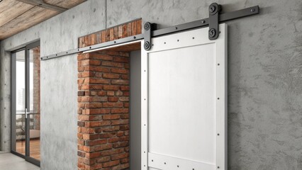 Poster - A minimalist sliding door track fixed on a textured gray wall complementing the industrialinspired decor with exposed brick and metal accents.