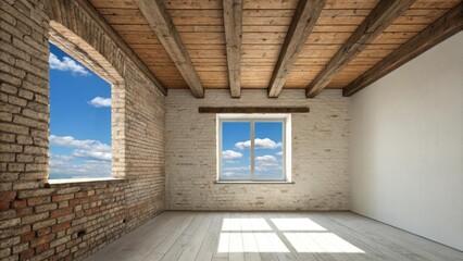 Poster - A minimalist room that showcases exposed brick walls and a wooden beam ceiling with a single window framing a view of bright blue sky.