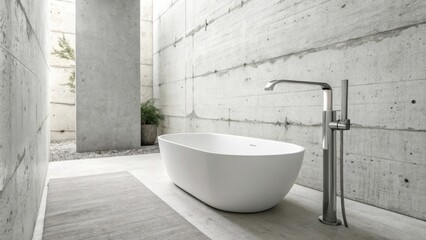 Poster - A minimalist onehandle faucet in an allwhite bathroom featuring brushed concrete walls providing a clean and serene atmosphere.