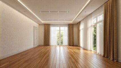 Poster - A minimalist room featuring a smooth freshly polished wooden floor that stretches out towards the walls where soft natural light filters in through curtains.