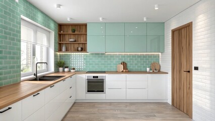 Poster - A minimalist kitchen with a glossy mintgreen subway tile backsplash that reflects light beautifully paired with white cabinetry and warm wooden accents.
