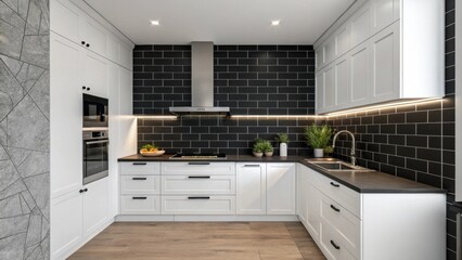 Aufkleber - A minimalist kitchen focusing on a matte black tile backsplash. The newly grouted spaces contrast beautifully with the dark tiles accentuating their sleek profile.
