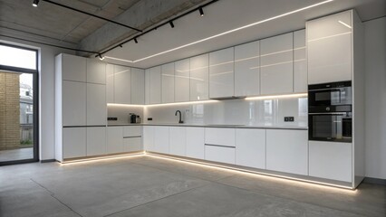 Poster - A minimalist kitchen setting featuring unobtrusive LED strips installed beneath glossy cabinets enhancing the rooms spacious feel.