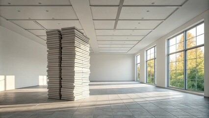Poster - A minimalistic space featuring a tall pile of ceiling tiles with natural light streaming in from a nearby window casting shadows on the floor.