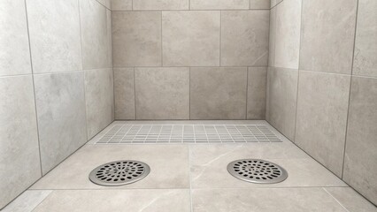 Aufkleber - A minimalistic shower area with a smooth matte finish tile in soft gray tones showcasing two circular drains p at opposite corners for efficient water flow.