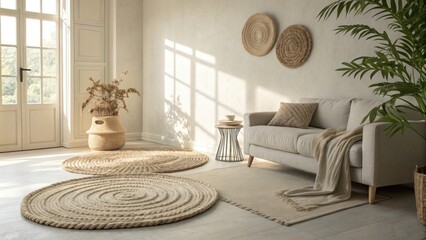Poster - A minimalistic living area with a soft neutral color palette highlighting a pair of intricately woven rugs coiled in the corner casting subtle shadows in the afternoon light.