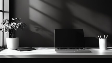 Poster - A black and white image of a minimalist home office workspace with a laptop computer, a plant, and pencils in a cup.