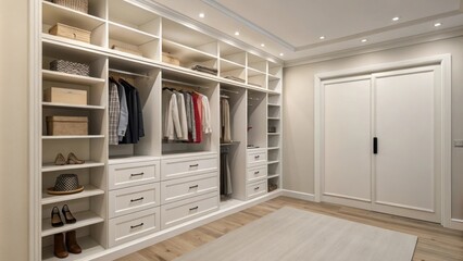 Poster - A minimalist closet interior with unpainted drywall displaying an array of floating shelves lined up against the side wall unutilized and clean.