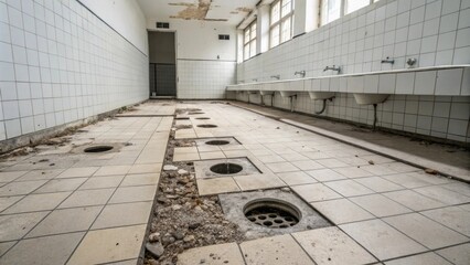 Poster - A minimalist bathroom floor with patches of old adhesive and several drainage holes surrounded by the remnants of discarded tiles.