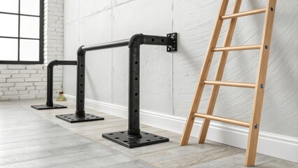 Aufkleber - A minimalist corner showcasing black metal brackets with a matte finish poised for installation while a ladder leans against the wall hinting at ongoing work.