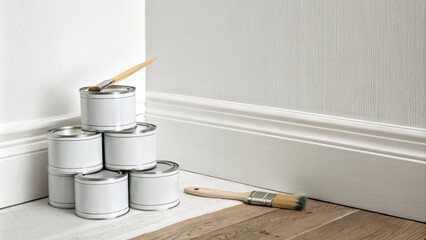 Aufkleber - A minimalist corner featuring a simple white wall and a few carefully stacked paint cans of various sizes with one brush resting casually on top.