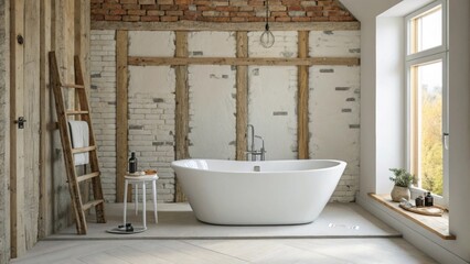 Poster - A luxurious soaking tub in a minimalist bathroom positioned against a backdrop of exposed brick and framed by unfinished drywall hinting at upcoming renovations.