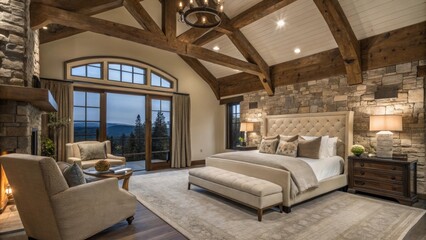 Poster - A luxurious master suite space that includes a sitting area with elegant furnishings set under the dramatic backdrop of exposed beams blending rustic and modern styles.