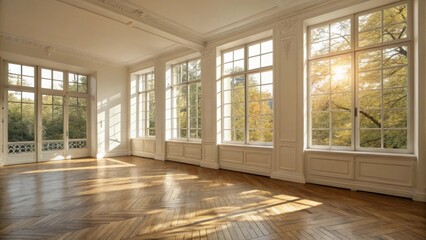 Aufkleber - A luminous empty room with large newly installed paned windows allowing sunlight to spill in and create an inviting atmosphere atop the wooden flooring.