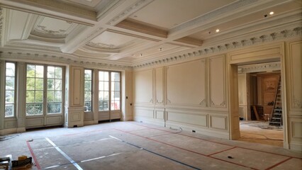 Aufkleber - A lofty empty room that speaks of renovation where new crown molding sits in the corner contrasting with the roughness of its surrounding walls.