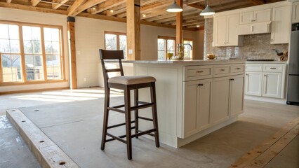 Aufkleber - A lone bar stool leans against an unfinished island implying future gatherings as new cabinets stand ready to house kitchen essentials in brightened corners.