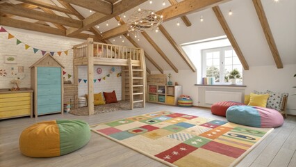 Aufkleber - A lively playroom for children features colorful furnishings beneath the wooden beams where the height allows for adventurous play while maintaining a cozy vibe with soft rugs and