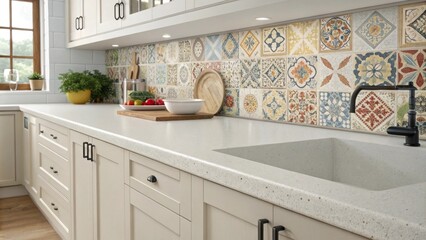 Poster - A lightcolored quartz counter with seamless edges offering a bright backdrop against which colorful or patterned tiles will soon be arranged.
