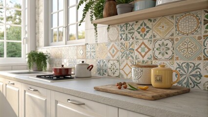 Poster - A lightfilled kitchen scene illustrating a countertop devoid of decor with an assortment of patterned tiles tered on the surface and a partially tiled wall in the background.