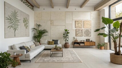 Aufkleber - A large living area with a carefully patched wall that forms the backdrop for a minimalist interior incorporating plants and artwork that pop against the smooth drywall surface.