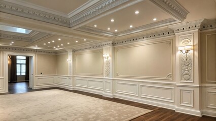Fototapete - A large empty area with minimal clutter showcasing a corner filled with fresh ornate crown molding emphasizing the potential of the blank canvas.