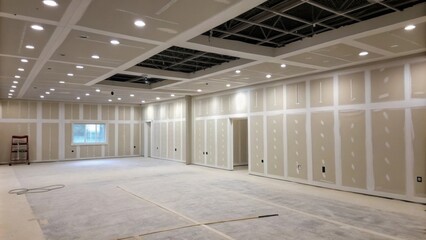 Aufkleber - A large empty room where sanded drywall frames the space the texture subtly reflecting the artificial lighting overhead creating a calming atmosphere.