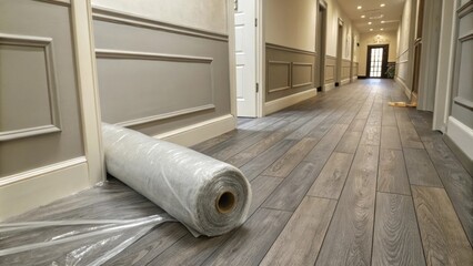 Aufkleber - A hallway featuring a rich graypainted wooden floor partially obscured by a large tangled roll of protective plastic sheeting.