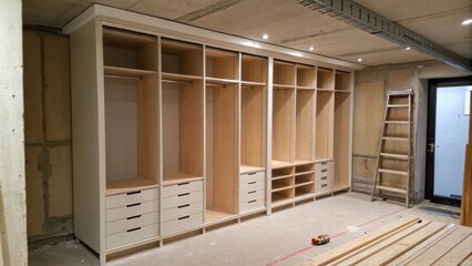 Aufkleber - A halfbuilt closet system showing empty vertical panels and a few installed shelves while construction dust settles in the corners.