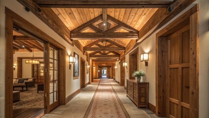 Poster - A hallway leading to various rooms where rustic wooden beams stretch overhead creating an inviting transition with warm wooden accents lining the walls.