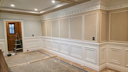 Fototapete - A halffinished corner where one side has the crown molding completed and the other side remains illustrating the contrast between the finished and unfinished work.