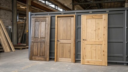 Poster - A group of unpainted wooden doors leaning against an industrial metal frame creating an intriguing juxtaposition of organic and manmade elements.