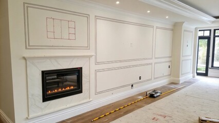 Aufkleber - A freshly plastered white wall waiting for a fireplace installation with a visible outline drawn in pencil for the placement of a stylish wallmounted electric fireplace.