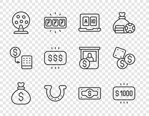 Poster - Set line Money bag, prize in casino, Online poker table game, Horseshoe, Lottery machine, Stacks paper money cash and Game dice icon. Vector