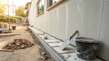 Aufkleber - A fresh and cleanly plastered wall with a subtle hint of sheen showcasing a trowel leaning against the wall surrounded by minimal construction debris.
