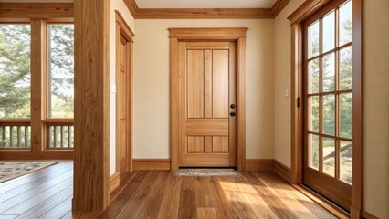 Poster - A freshly installed wooden door frame with a natural finish surrounded by freshly laid hardwood flooring exuding a cozy and inviting ambiance.