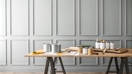 Leinwandbilder - A freshly painted light gray accent wall serves as a backdrop to a stylized work area where planks and paint cans are sorted neatly on a tabletop.
