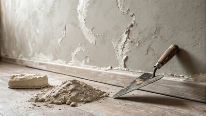 Poster - A fresh coat of plaster on a wall exhibiting subtle imperfections that add character with a worn trowel abandoned next to a small pile of plaster dust.